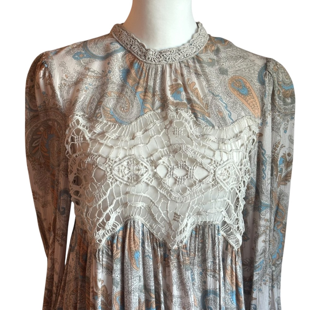 Free People Dress Size Small Sweet Thing Paisley Print Mini Dress Crochet Detail - Picture 2 of 11